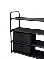 4 Shelf Closet Storage Organizer for Clothes with 2 Fabric Bins, Black, Metal Frame