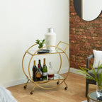 30 In. H Gold Rolling 2 Mirrored Shelves Bar Cart with Wheels and Handle