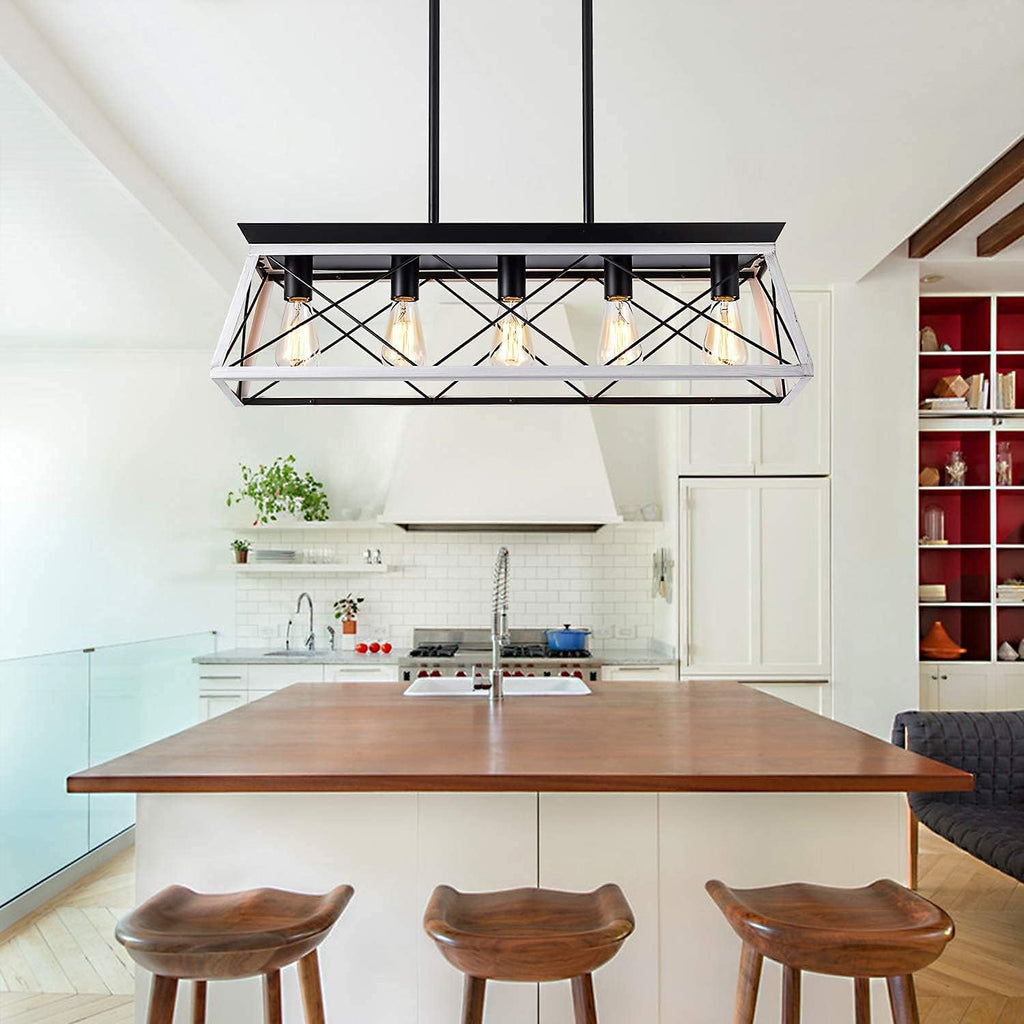 5-Light Pendant Lights Fixture, Farmhouse Chandeliers for Dining Room, Rustic Island Lights for Kitchen, Rectangular Chandelier Rustic Farmhouse Light Fxiture