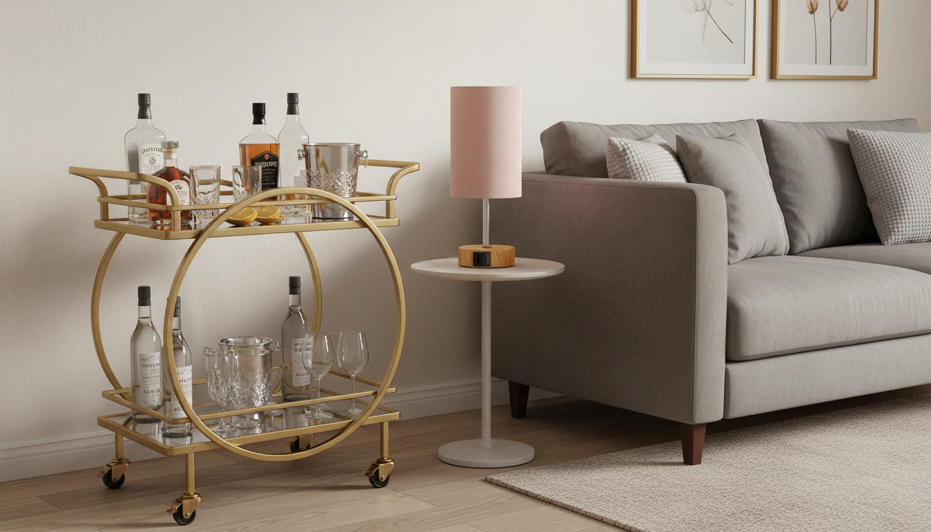 Gold rolling bar cart with two mirrored shelves next to a pink touch control table lamp in a modern living room.