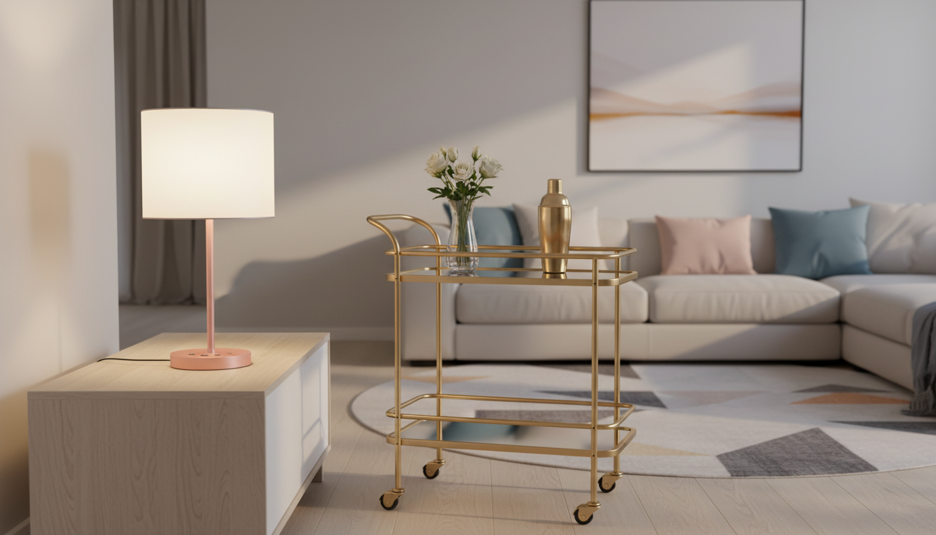 Pink touch control table lamp and a gold rolling bar cart with mirrored shelves in a modern living room.