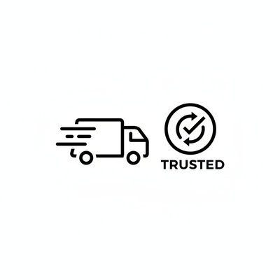 Stylized delivery truck icon next to a circular trust badge, representing efficient service and reliability.