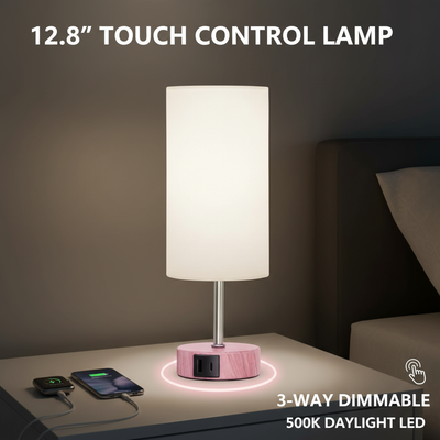 Close-up of a pink 12.8 inch modern touch control table lamp, illuminated with daylight LED, highlighting its sleek design.